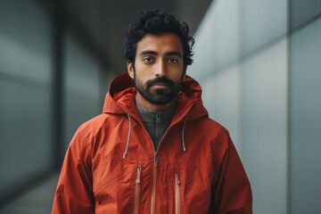 Poster - Portrait of a glad indian man in his 30s wearing a functional windbreaker on modern minimalist interior