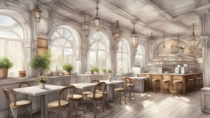 Wall Mural - cafe with white wooden style