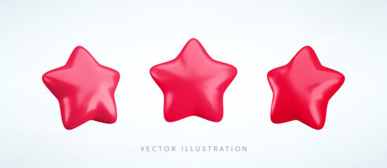 Wall Mural - vector 3d red star icons set. cute realistic cartoon 3d render, glossy metallic star front and side 