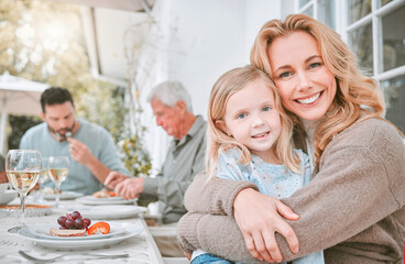 Canvas Print - Hug, woman and girl with portrait in garden for celebration, lunch or bonding together. Family, young child and mother with embrace in backyard for birthday party, gathering or generations at home