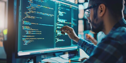 Wall Mural - programmer focused on coding on a computer screen, surrounded by code, representing software develop