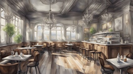 Wall Mural - cafe with silver wooden style