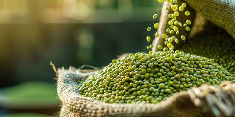 Wall Mural - Pouring green moong dal (Vigna radiata) into a sack. Concept Agriculture, Harvesting, Green Moong Dal, Sack, Farming