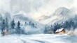 © nitiroj - Peaceful snowy landscape in watercolor, with soft snowflakes, a cozy cabin, and muted winter colors, creating a serene winter scene