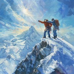 Poster - Two climbers clasping hands in solidarity as they conquer a formidable peak, symbolizing the strength of teamwork in overcoming obstacles. 