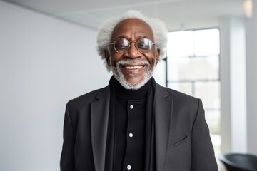 Wall Mural - Portrait of a grinning afro-american man in his 70s dressed in a stylish blazer on modern minimalist interior