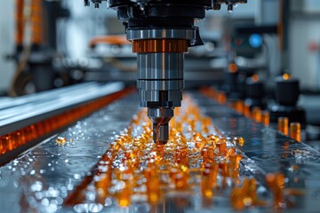 Wall Mural - A close-up view of a CNC machine in operation, meticulously cutting and shaping materials in a high-precision industrial setting, with vibrant orange sparks flying.