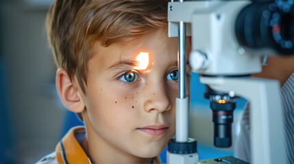 Poster - Examination of the child using a slit lamp. Microscope and focused light source. A device for high-precision examination of the eye to determine the condition of the lens.