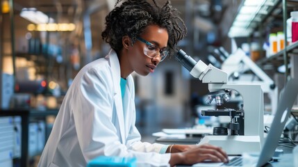 Poster - Female Scientist Looking Under Microscope And Using Laptop In A Laboratory
