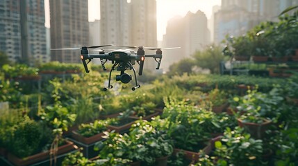 Poster - innovative drones tending to rooftop and vertical urban gardens in a modern city