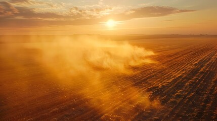 Poster - Aerial view of drone dispersing seeds across vast cultivated field at golden sunset