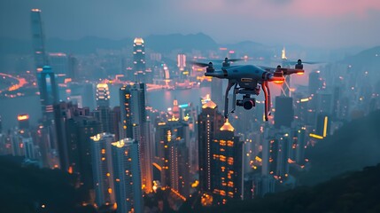 Canvas Print - Drone Capturing Futuristic Cityscape with Innovative Urban Design and Cutting edge Technology