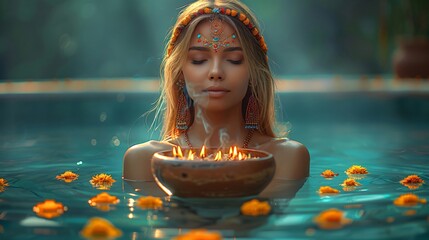 Spiritual woman wearing traditional indian jewelry is taking a bath with her eyes closed holding a bowl with burning candles