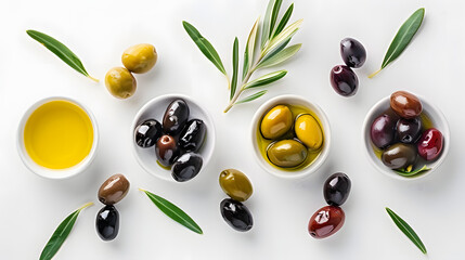 Canvas Print - Assorted olives and olive oil on white background Mediterranean cuisine presentation