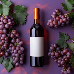 Luxury red wine with grapes, suitable for culinary arts and wine tasting, bottle mockup surrounded by fresh grapes on dark purple background.