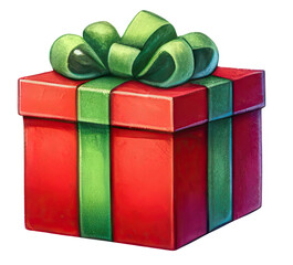 A red gift box with a green ribbon and bow. The box is wrapped in red paper and has a green ribbon tied around it. The bow is large and fluffy.