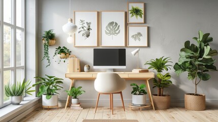 Wall Mural - Serene Scandinavian Modern Workspace with Light Wood and Clean Lines