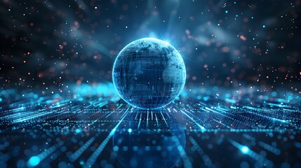 Poster - Glowing Neon Blue Digital Grid Pattern with Centered Sphere Symbolizing Connectivity and Data Networks