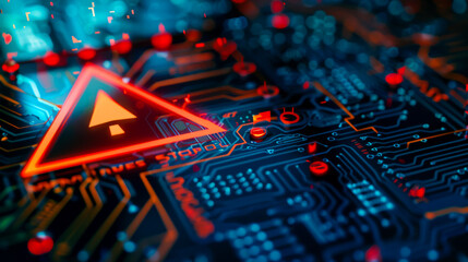 Poster - Close up of a modern chip with a big red warning sign on top. Warning about system hacking. Cybersecurity and cybercrime.