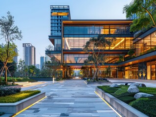 Modern office building with a unique architectural design and stylish exterior
