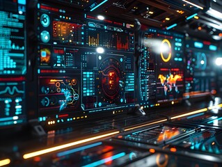 Poster - Holographic Cyber Interface with Floating Data Panels and Touch Controls in High Tech Dark Background