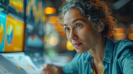 Poster - Female Analyst Reviewing Financial Reports. Female analyst intensely reviewing financial reports, surrounded by screens displaying colorful data visualizations.