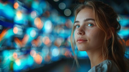 Poster - Young Business Analyst with Data Display. Young business analyst smiling, with multiple data displays and vibrant charts in the background.