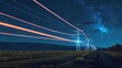 © Rostislav - Electricity transmission towers and infrastructure network, digital visualization of power lines with renewable energy supply against starry sky