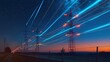 © Rostislav - Electricity transmission towers and infrastructure network, digital visualization of power lines with renewable energy supply against starry sky