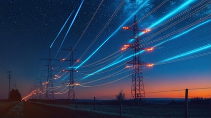 electricity transmission towers and infrastructure network, digital visualization of power lines wit