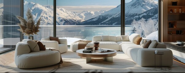Poster - Living room with minimalist decor, panoramic window, and view of winter mountains
