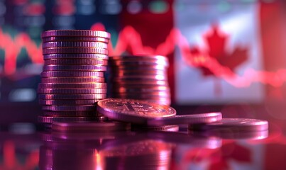 Leinwandbilder - Canadian Dollar Coins with Blurry Canadian Flag and Stock Chart Background
