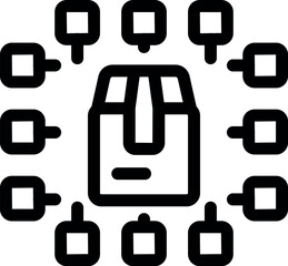 Poster - Simple icon of a package surrounded by nodes, representing a package tracking system connecting multiple delivery points