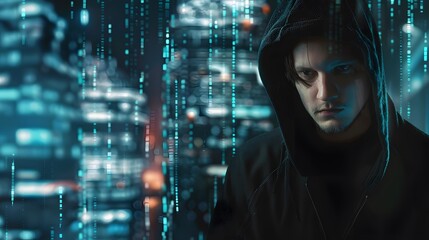 Poster - A young man in a dark hoodie stands in front of a glowing blue digital background.