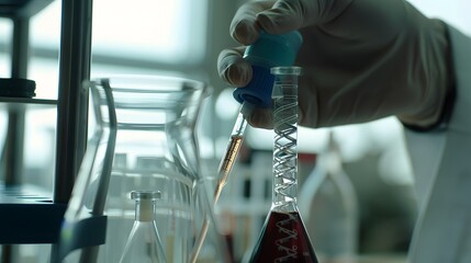 Wall Mural - close-up of a hand in a glove adding liquid to a beaker.