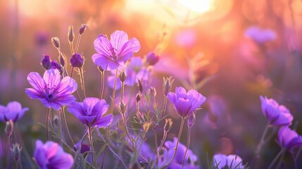 Blooming purple flowers in the field in spring