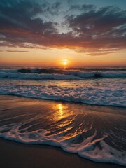 Wall Mural - Sunset over ocean waves, serene beach view