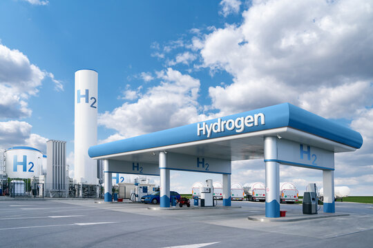 Fototapete -  - Fuel cell car at the hydrogen filling station. Concept