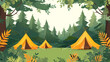 © Izzain - Scenic campsite with orange tents pitched in a lush forest clearing, surrounded by towering evergreen trees.