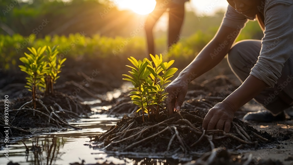 Planting mangrove trees promoting habitat restoration on the coast. Ai Generative.