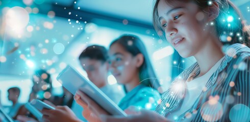 Aufkleber - Young students fully engaged in digital learning using tablets in a modern classroom, embracing innovative educational technology for interactive and connected learning experiences