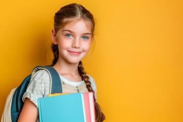 Aufkleber - A vibrant portrait of a smiling schoolgirl with a backpack and books on a bright yellow background. She is enthusiastic about learning and exudes confidence in her academic journey