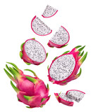 Pitaya isolated set. Collection of ripe dragon fruit or pitahaya, half and slice of the fruit on a transparent background.