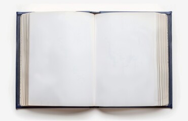 Overhead view of an open book with blank pages. Pure white background