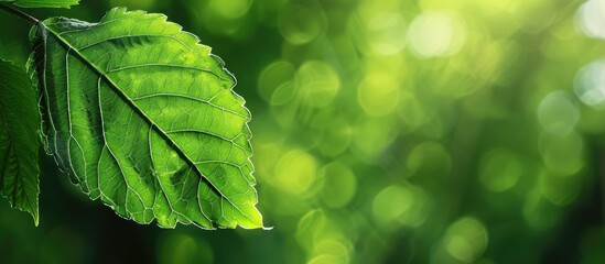 Wall Mural - Scenic view of a green leaf against a blurry green background in a garden, drenched in sunlight, ideal as a natural backdrop with ample copy space for an image.