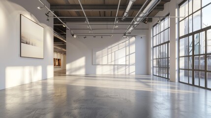 Poster - A large, empty room with a white board on the wall