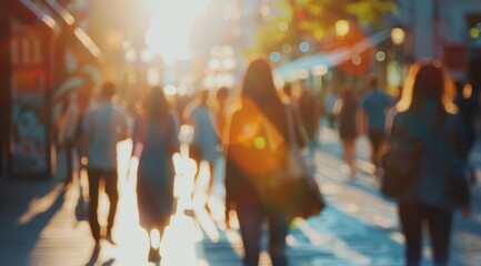 Wall Mural - Blurred background of people walking in the city center during sunset People on shopping street, out-of-focus, bokeh effect Generative AI