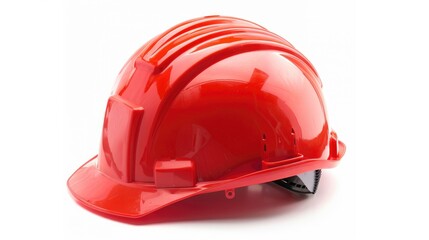 Red plastic safety helmet isolated on white background