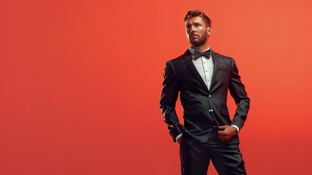 a groom exuding youthful vibes in a stylish wedding suit on a coral background, suitable for incorporating text or graphic elements to convey a message. 
