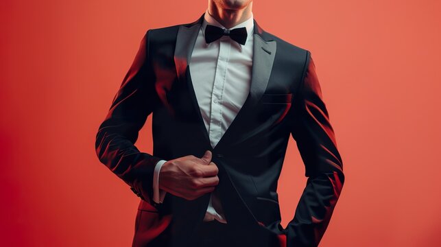 a groom exuding youthful vibes in a stylish wedding suit on a coral background, suitable for incorporating text or graphic elements to convey a message. 